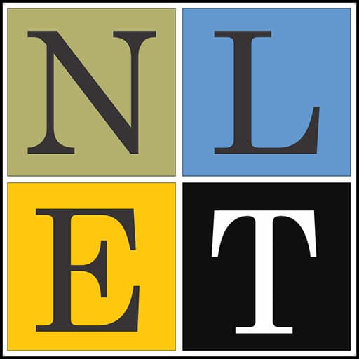 NLET logo, blue, yellow, green and black